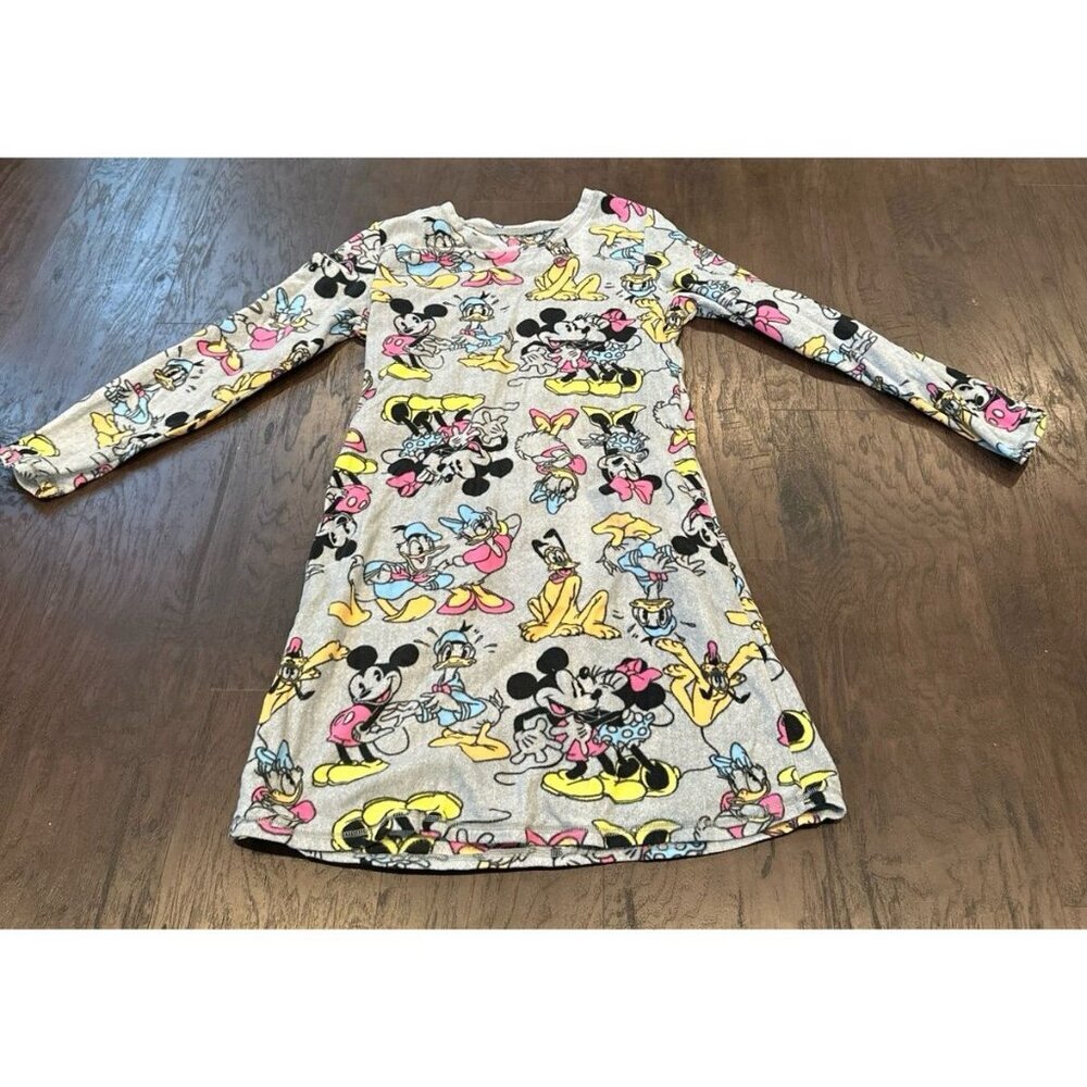 Disney Fleece Night Gown Girls medium Gray Characters Allover Print L-Sleeve